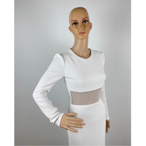 Long Sleeve Mesh  Cutout Women’s White Maxi Dress - Picture 4 of 8